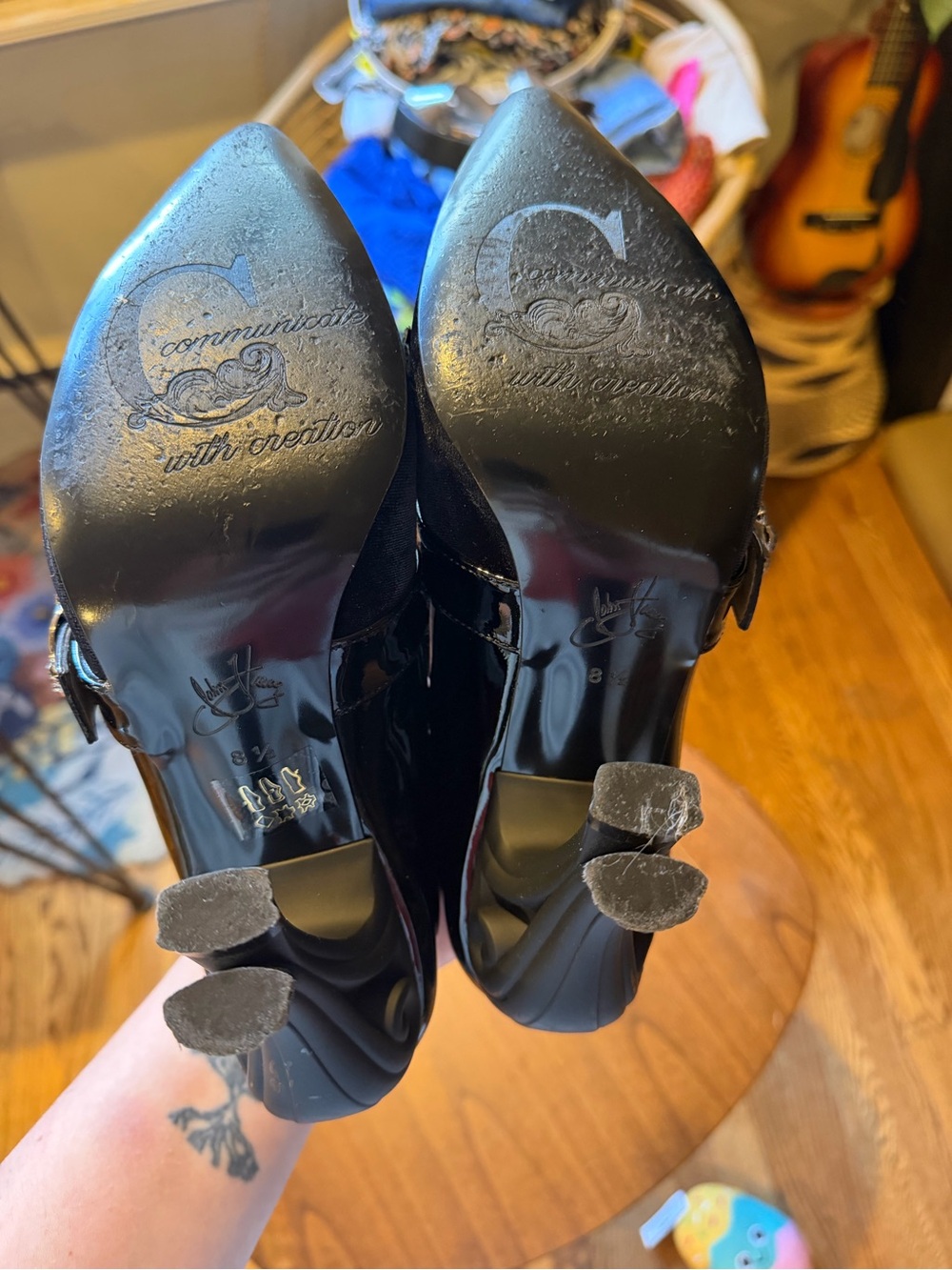John Fluevog Black Patent & Velvet Fringe Pointed Heels with Buckle - Picture 6 of 7